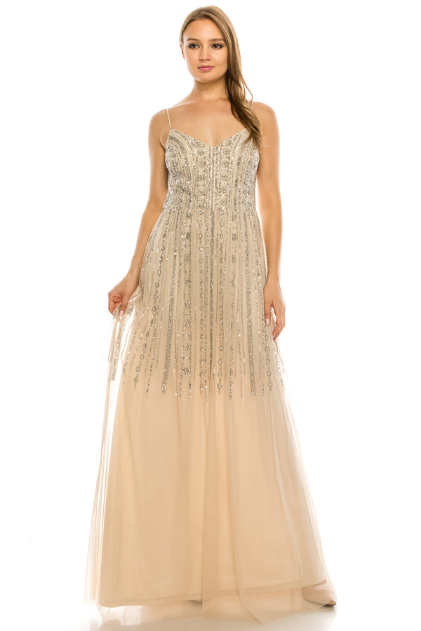 Aidan Mattox Beaded V-Neck Spaghetti Stap Evening Gown (Additional Colors)