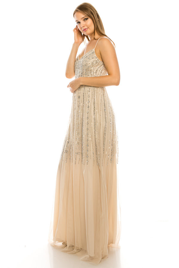 Aidan Mattox Beaded V-Neck Spaghetti Stap Evening Gown (Additional Colors)