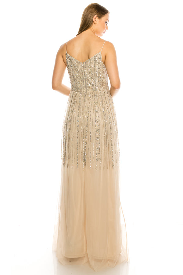 Aidan Mattox Beaded V-Neck Spaghetti Stap Evening Gown (Additional Colors)