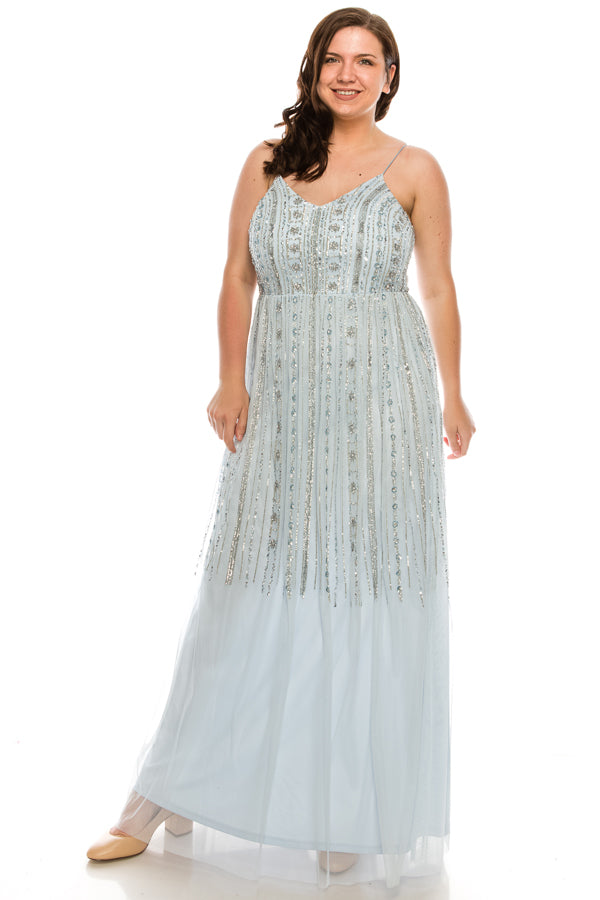 Aidan Mattox Beaded V-Neck Spaghetti Stap Evening Gown (Additional Colors)