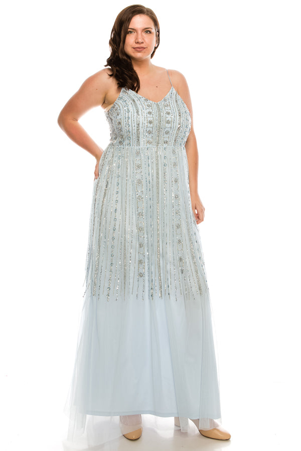 Aidan Mattox Beaded V-Neck Spaghetti Stap Evening Gown (Additional Colors)