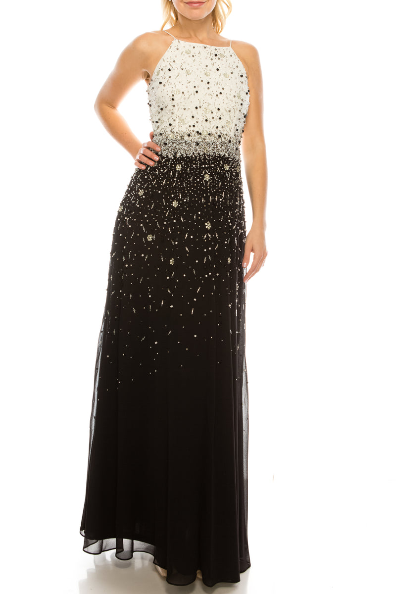 Aidan Mattox Ivory Black Beaded High Square Neck Evening Dress