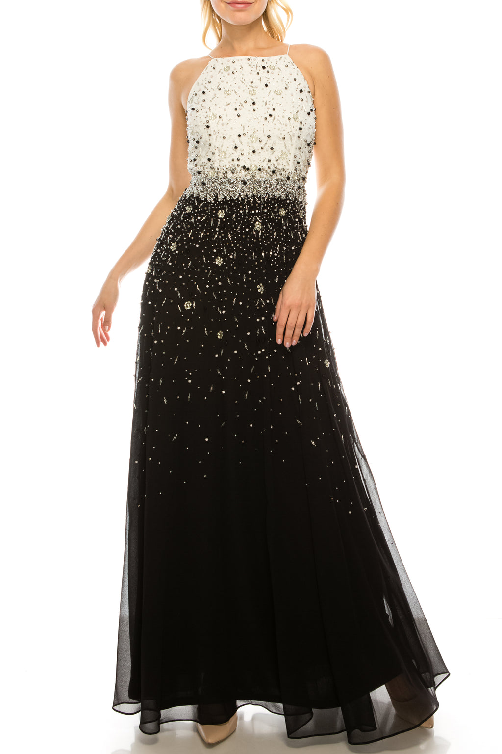 Aidan Mattox Ivory Black Beaded High Square Neck Evening Dress