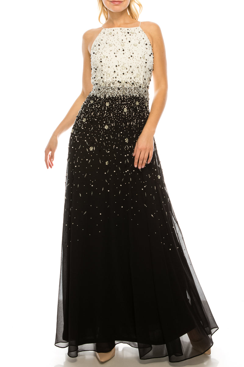 Aidan Mattox Ivory Black Beaded High Square Neck Evening Dress