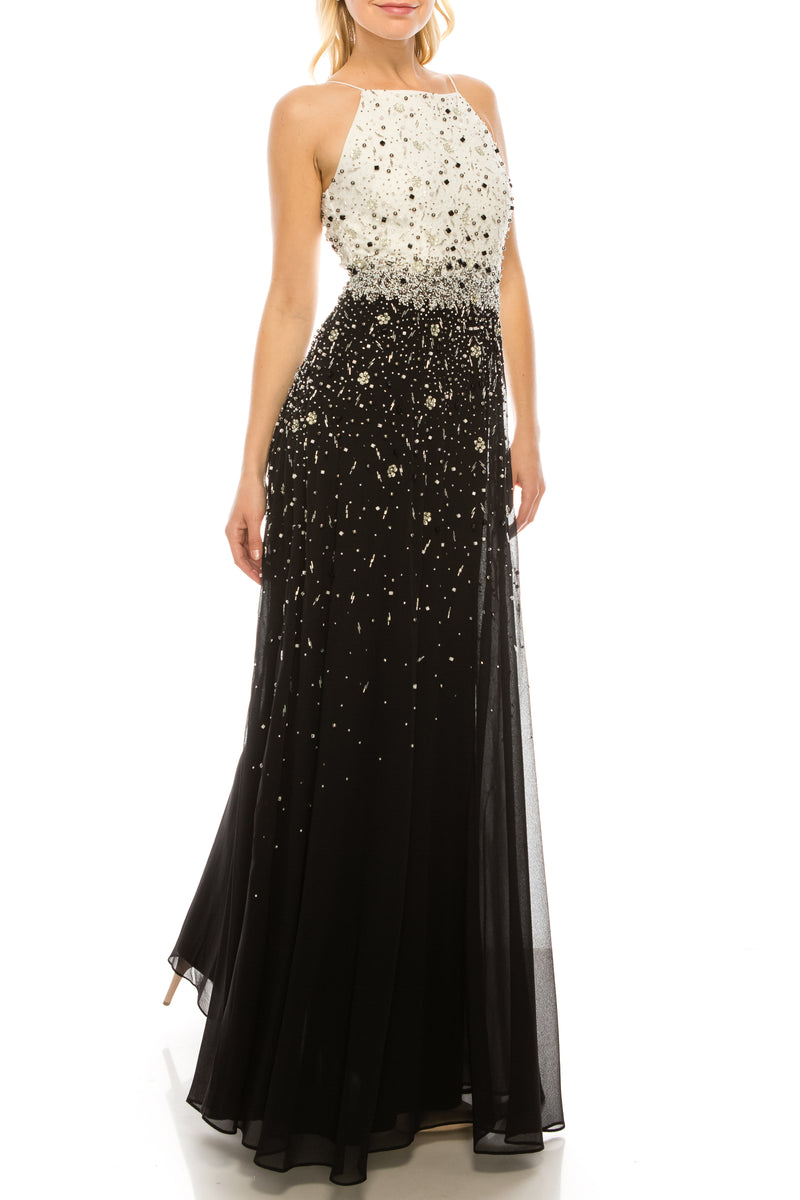 Aidan Mattox Ivory Black Beaded High Square Neck Evening Dress