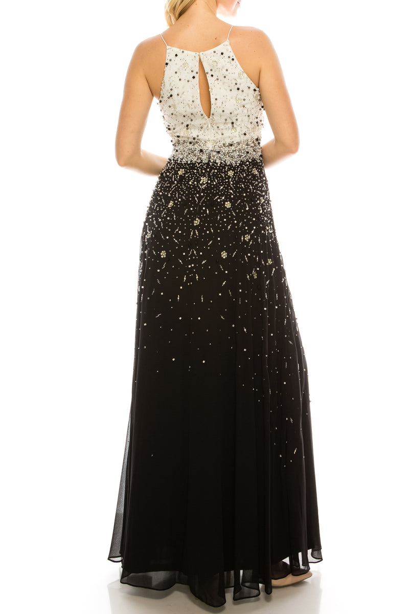 Aidan Mattox Ivory Black Beaded High Square Neck Evening Dress