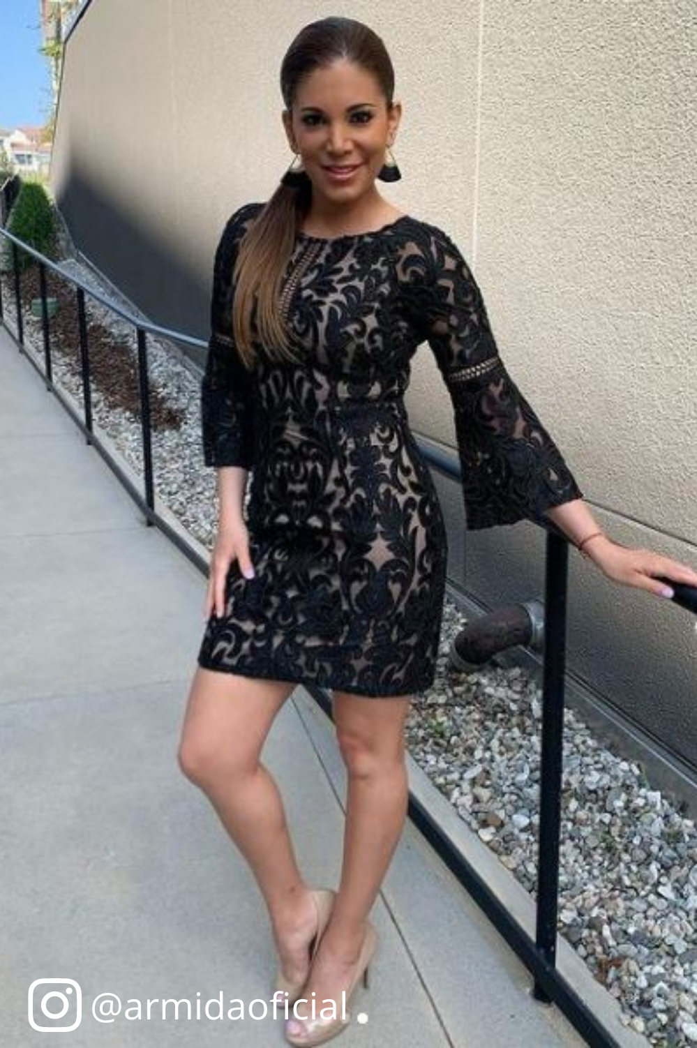 Aidan Mattox Black Enbroided Mesh Bell Sleeve Dress