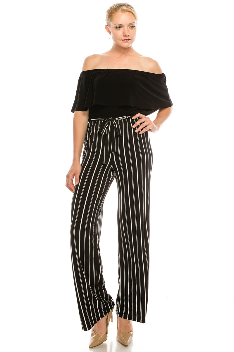 BeBe Black and Ivory Off The Shoulder Striped Jumpsuit