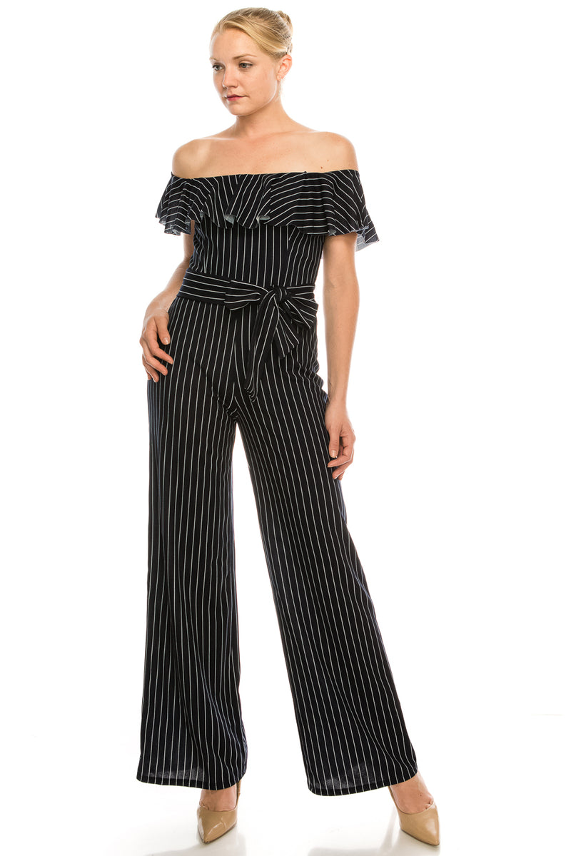 BeBe Navy Pinstriped Off the Shoulder Flounce Jumpsuit