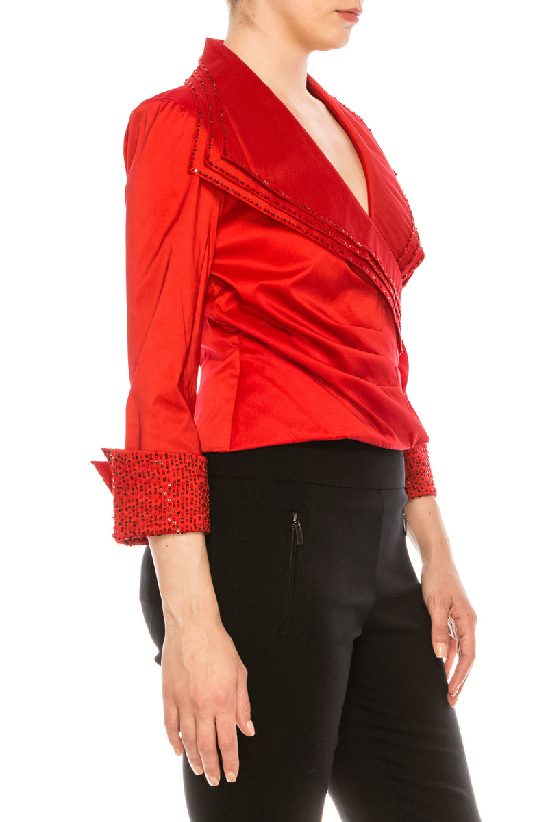 Cachet Triple Collar Stretch Red Taffeta Blouse