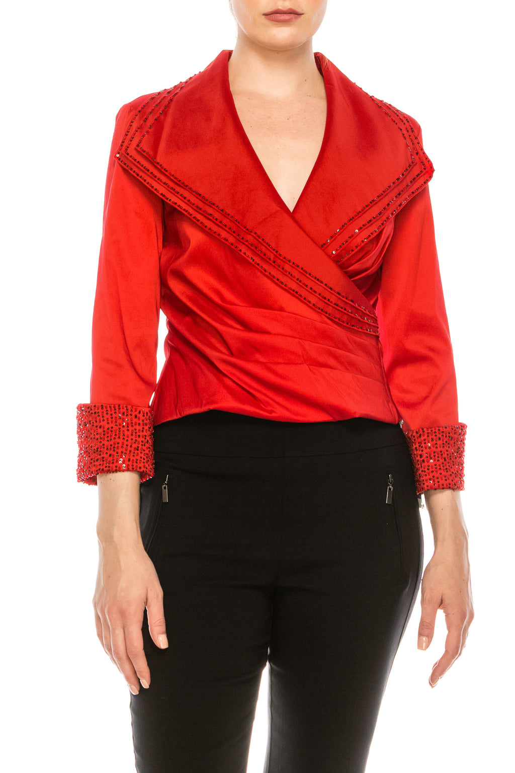 Cachet Triple Collar Stretch Red Taffeta Blouse