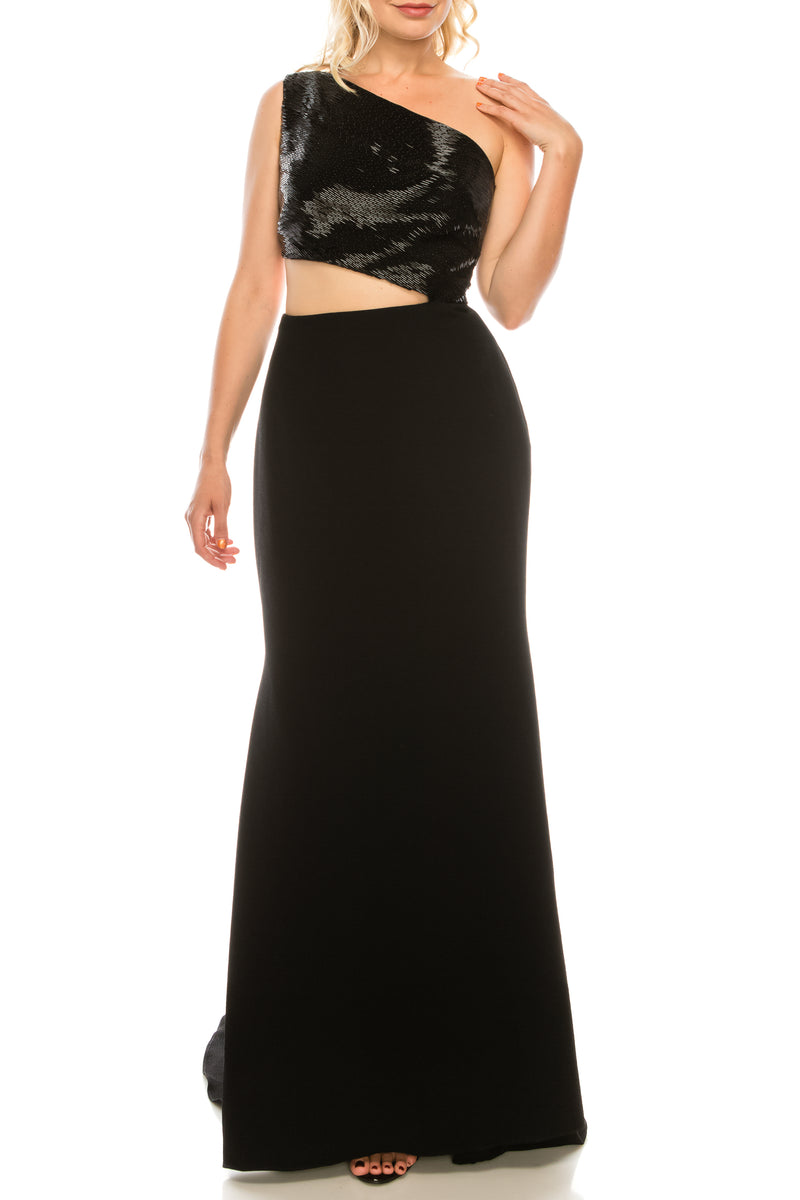 Carmen Marc Valvo Black Beaded One Shoulder Evening Gown