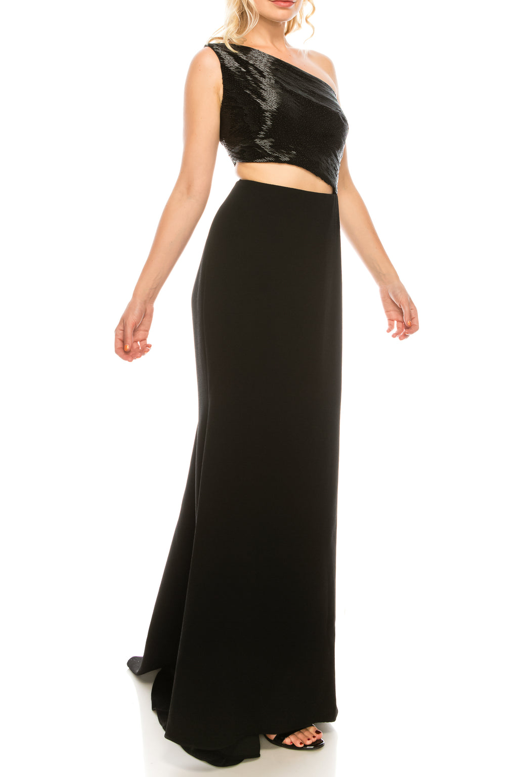 Carmen Marc Valvo Black Beaded One Shoulder Evening Gown
