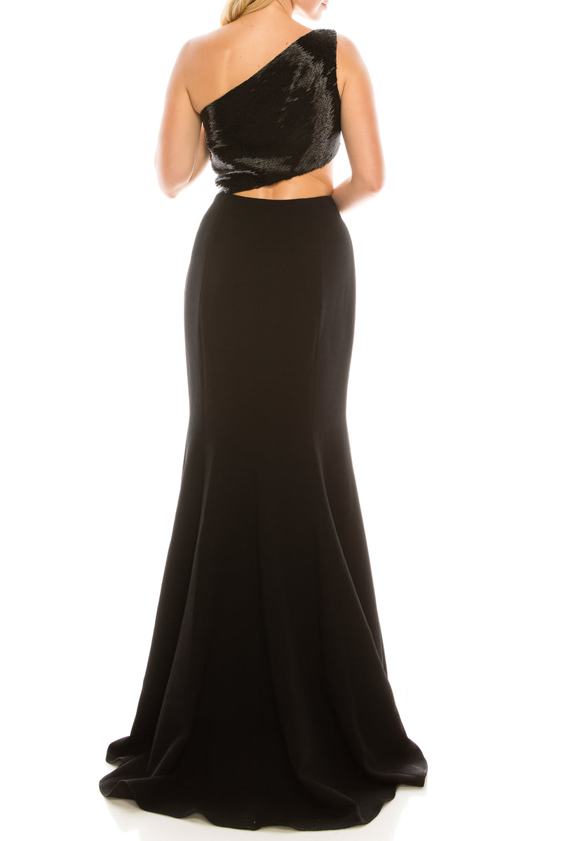 Carmen Marc Valvo Black Beaded One Shoulder Evening Gown