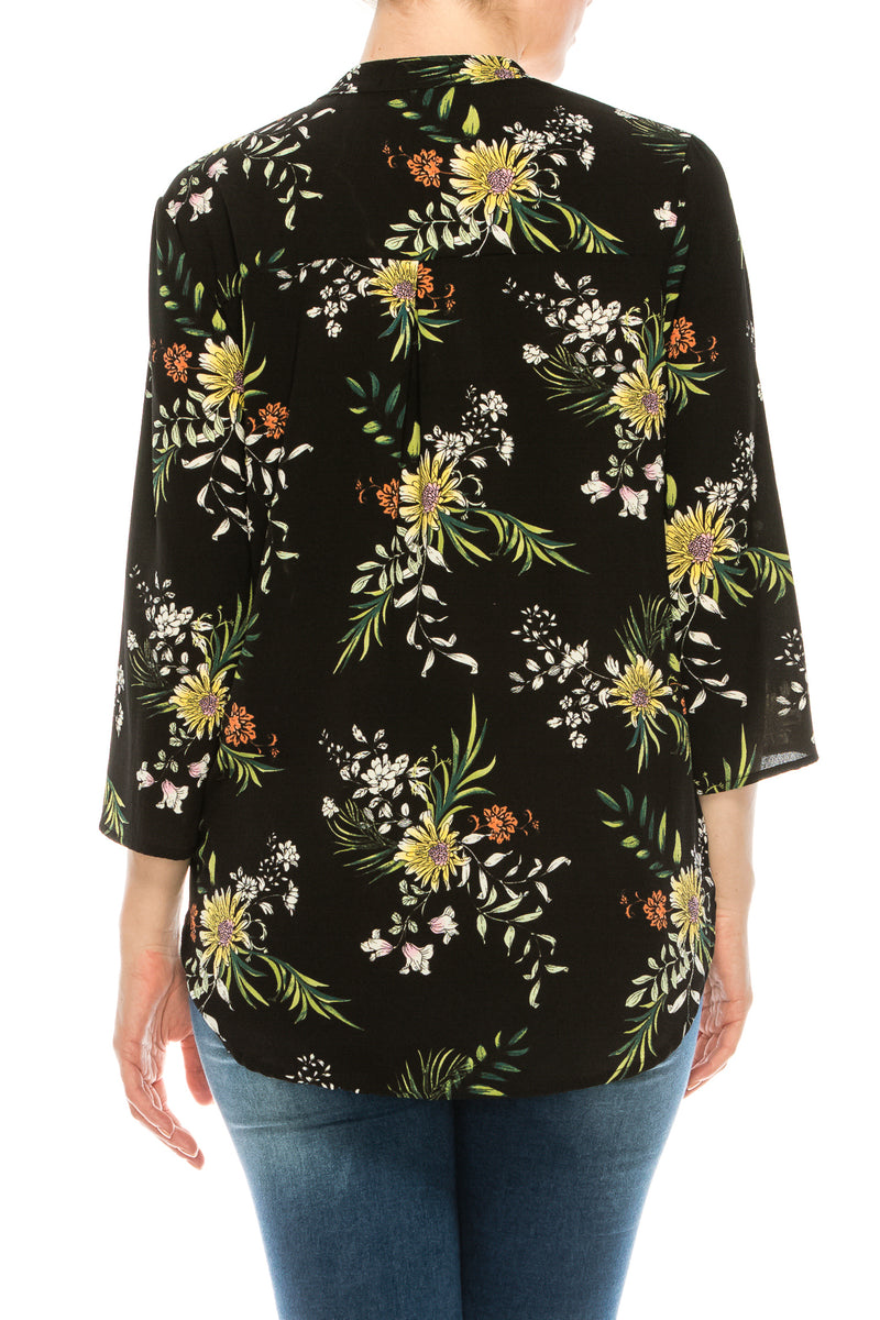 Profile Apparel Black Wild Flowers 3/4 Sleeve Relax Fit Top