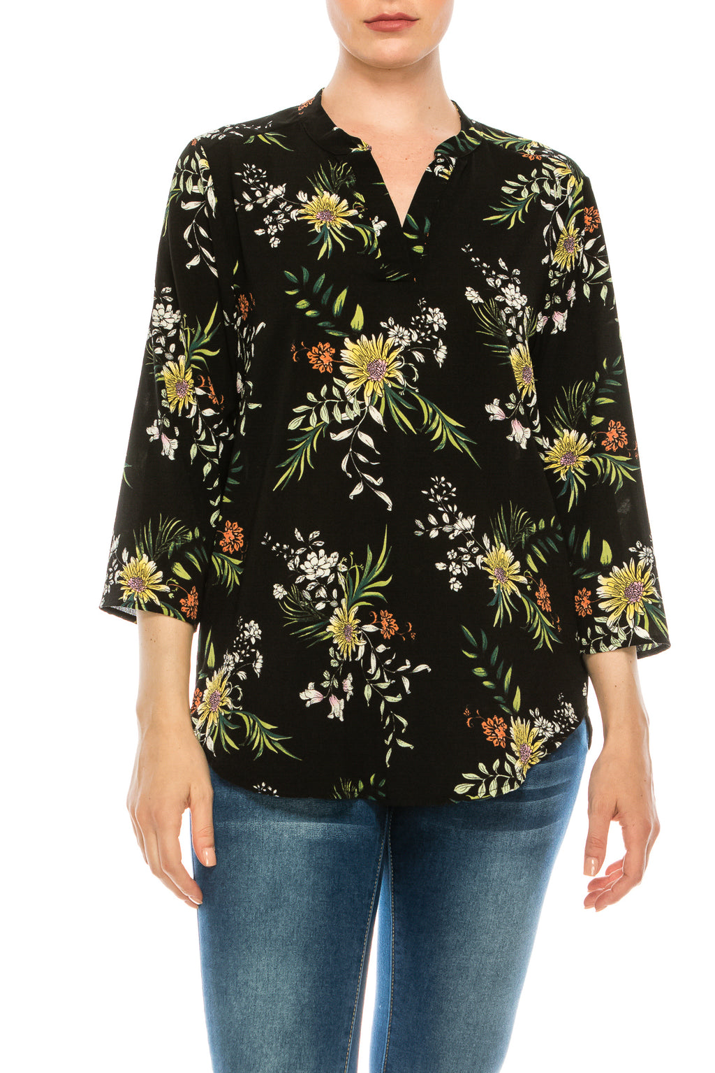 Profile Apparel Black Wild Flowers 3/4 Sleeve Relax Fit Top