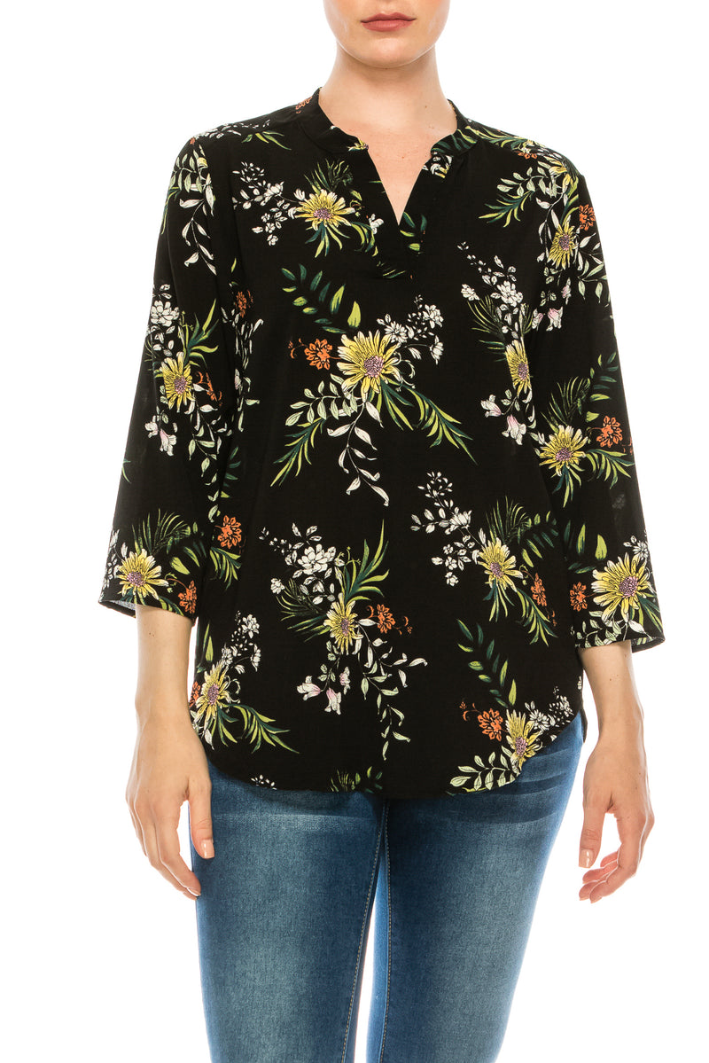 Profile Apparel Black Wild Flowers 3/4 Sleeve Relax Fit Top