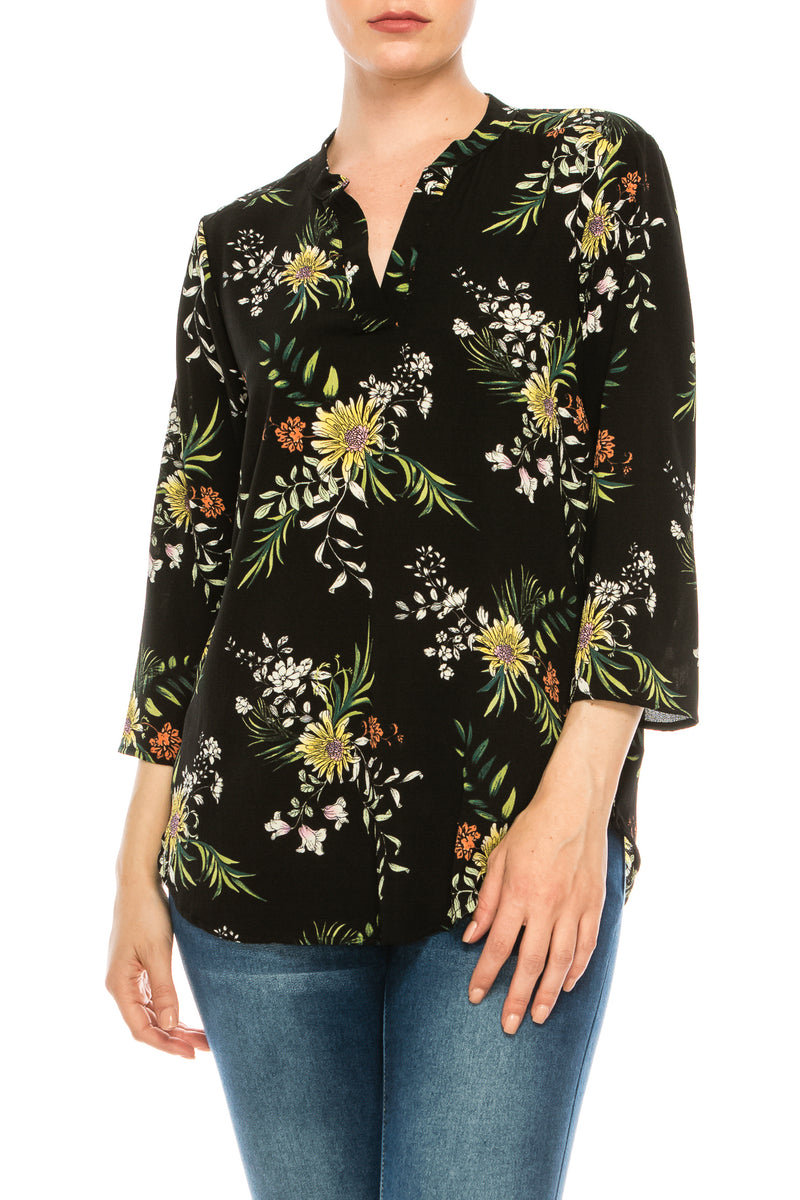 Profile Apparel Black Wild Flowers 3/4 Sleeve Relax Fit Top