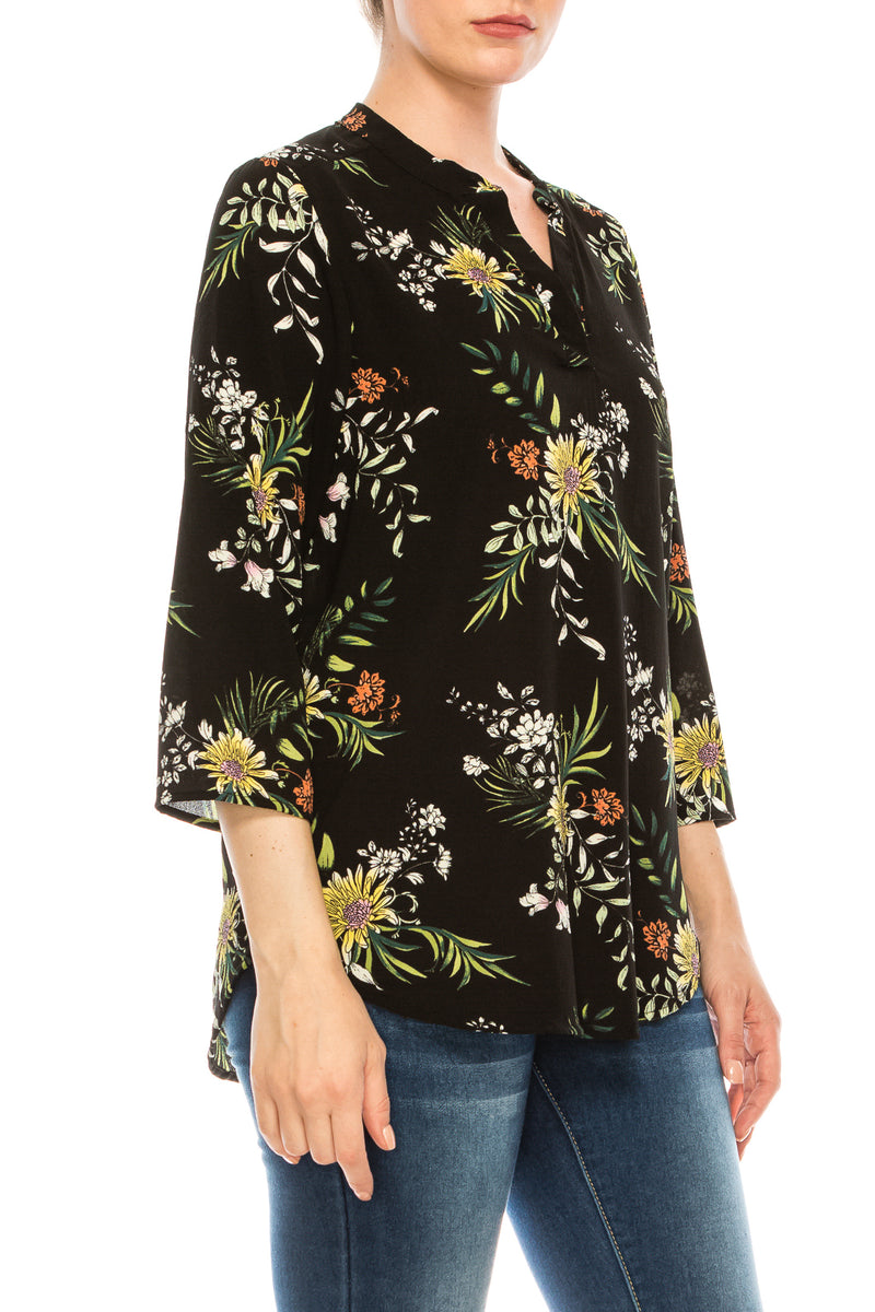 Profile Apparel Black Wild Flowers 3/4 Sleeve Relax Fit Top