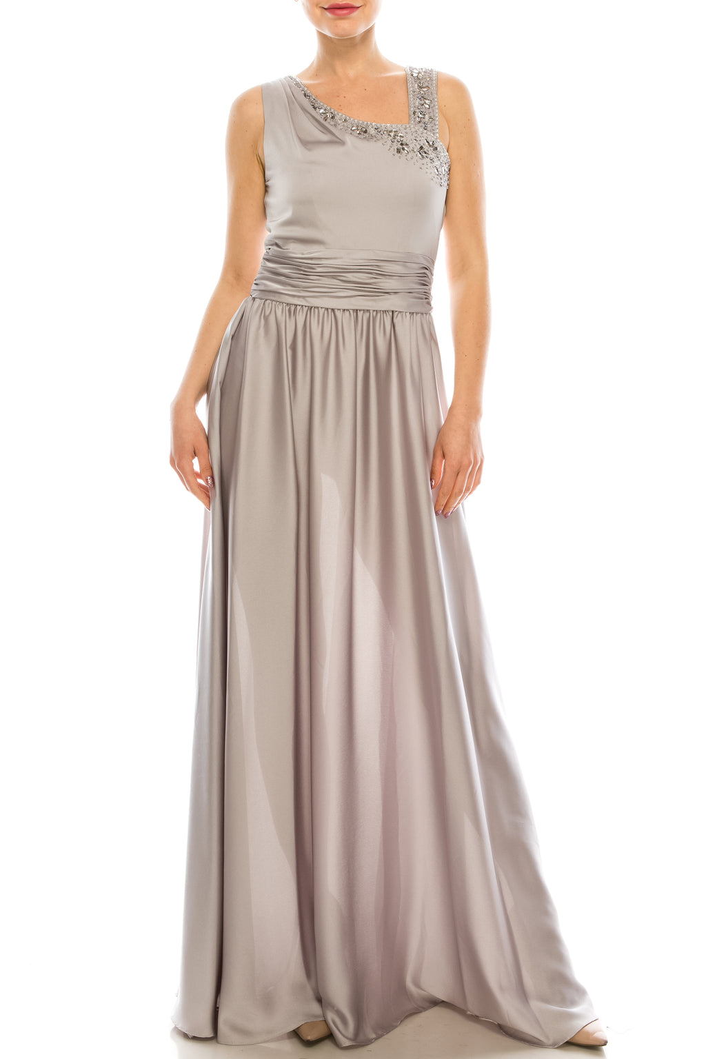 Decode Silver Beaded Asymmetrical Neckline Satin Gown
