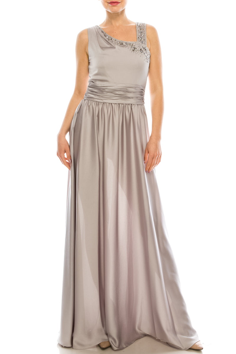 Decode Silver Beaded Asymmetrical Neckline Satin Gown