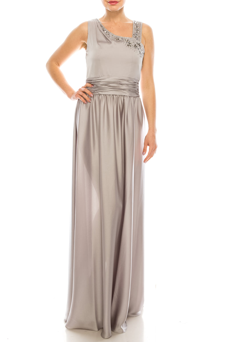 Decode Silver Beaded Asymmetrical Neckline Satin Gown
