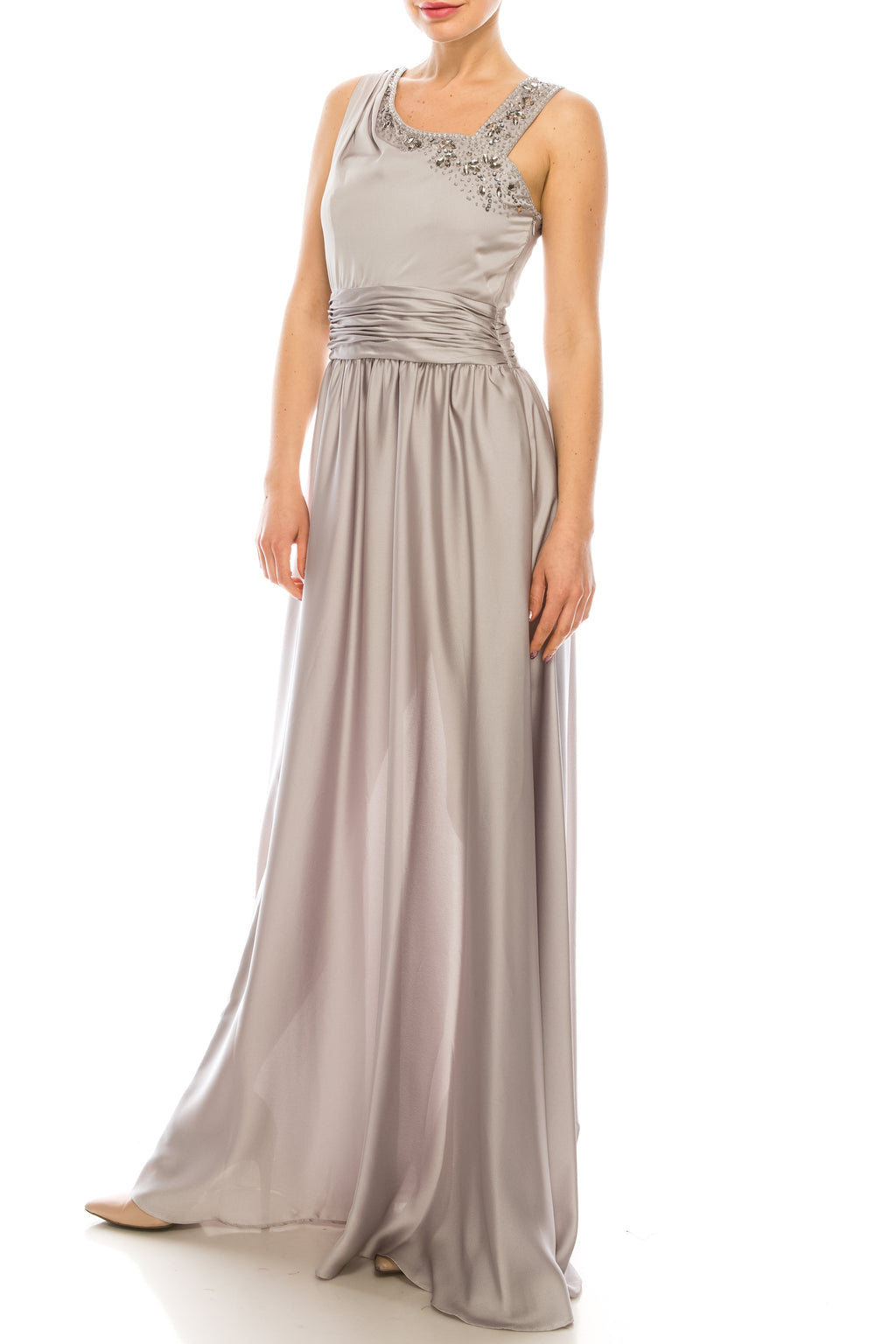Decode Silver Beaded Asymmetrical Neckline Satin Gown