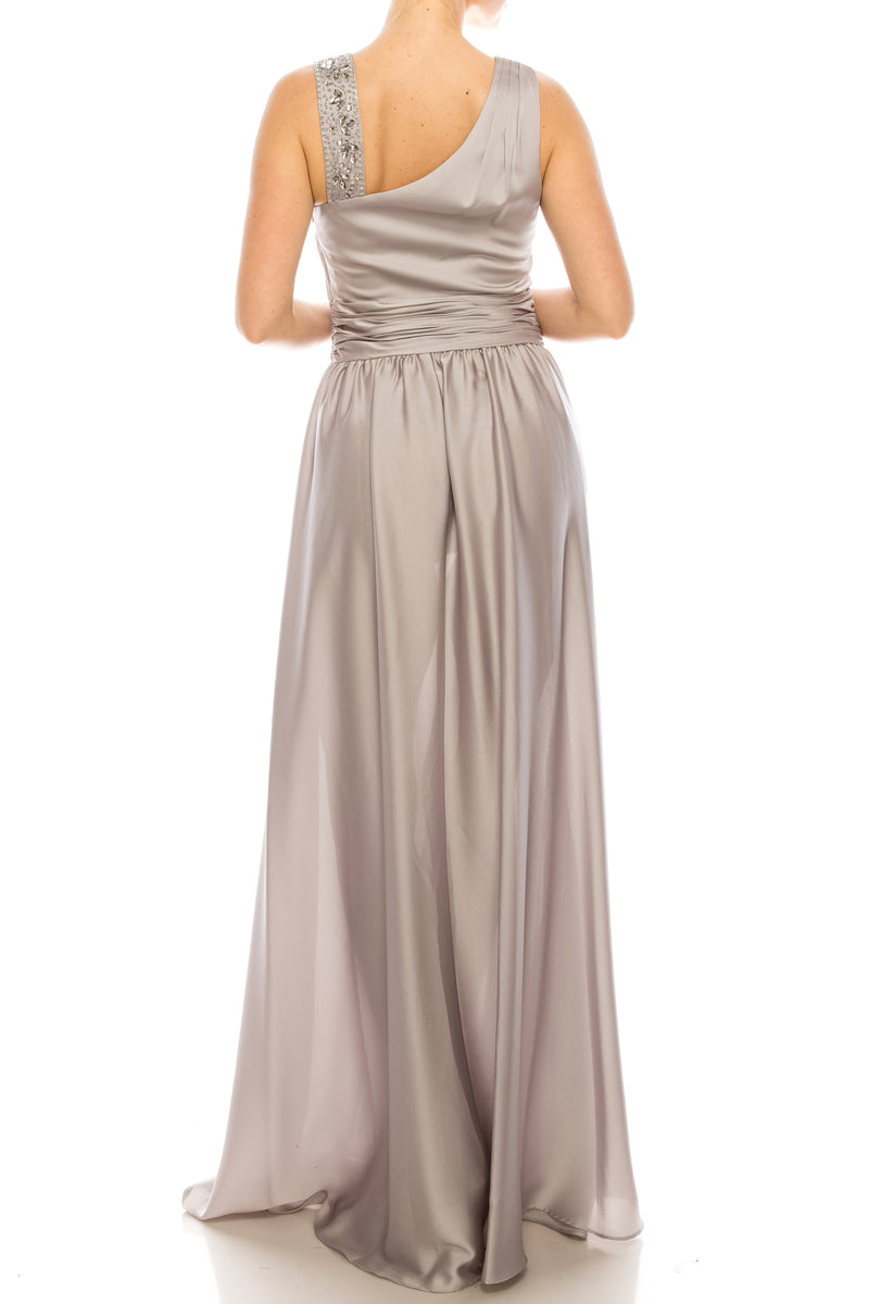 Decode Silver Beaded Asymmetrical Neckline Satin Gown