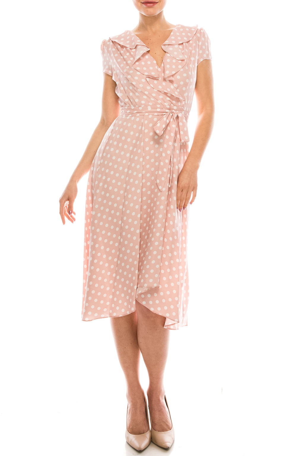 Gabby Skye Polka Dotted Faux Wrap Dress (Additional Colors)