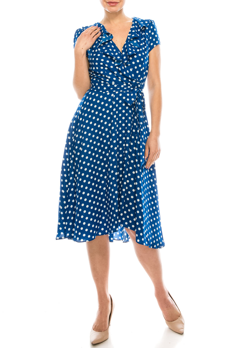 Gabby Skye Polka Dotted Faux Wrap Dress (Additional Colors)
