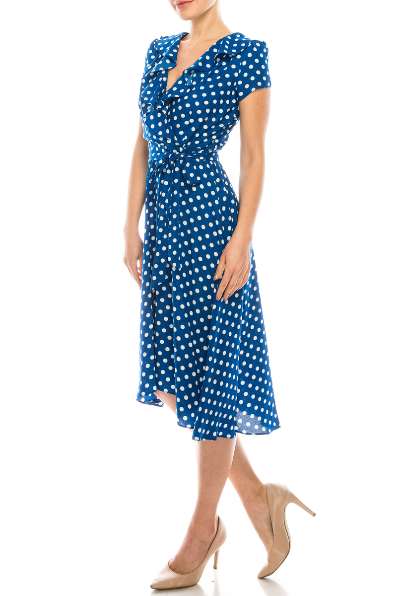 Gabby Skye Polka Dotted Faux Wrap Dress (Additional Colors)