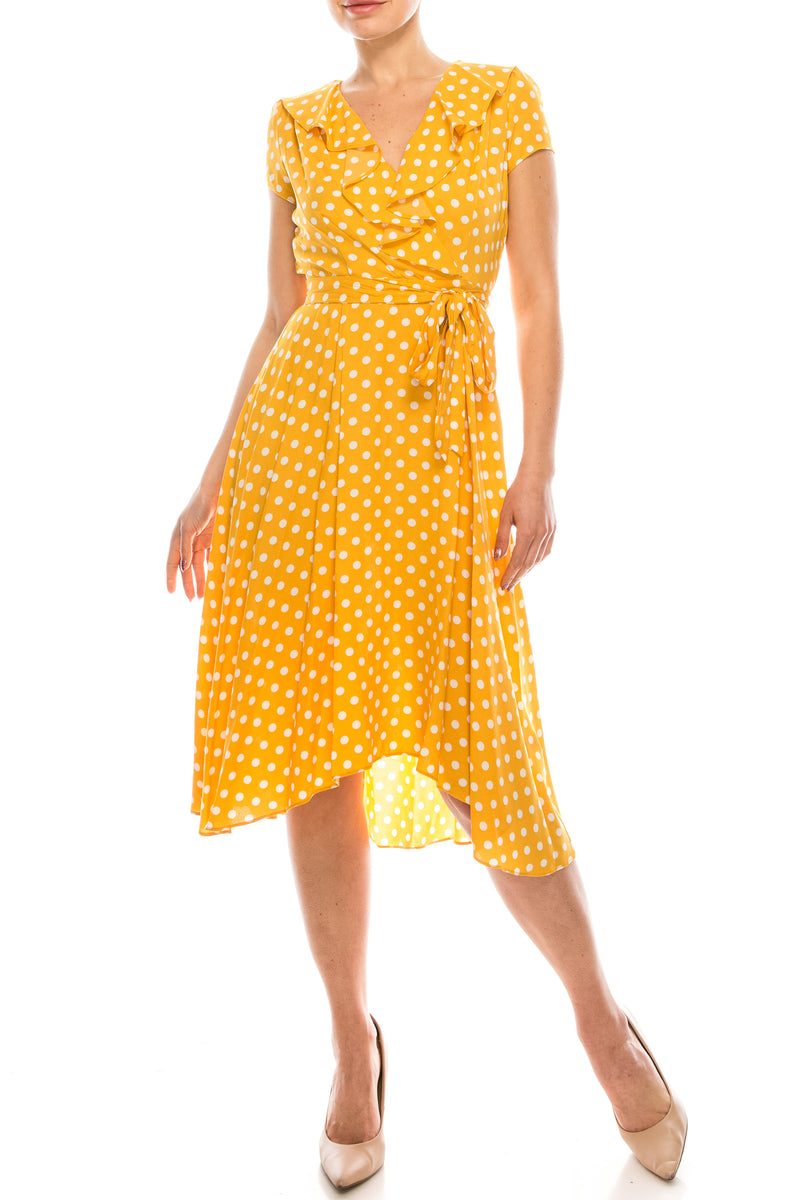 Gabby Skye Polka Dotted Faux Wrap Dress (Additional Colors)