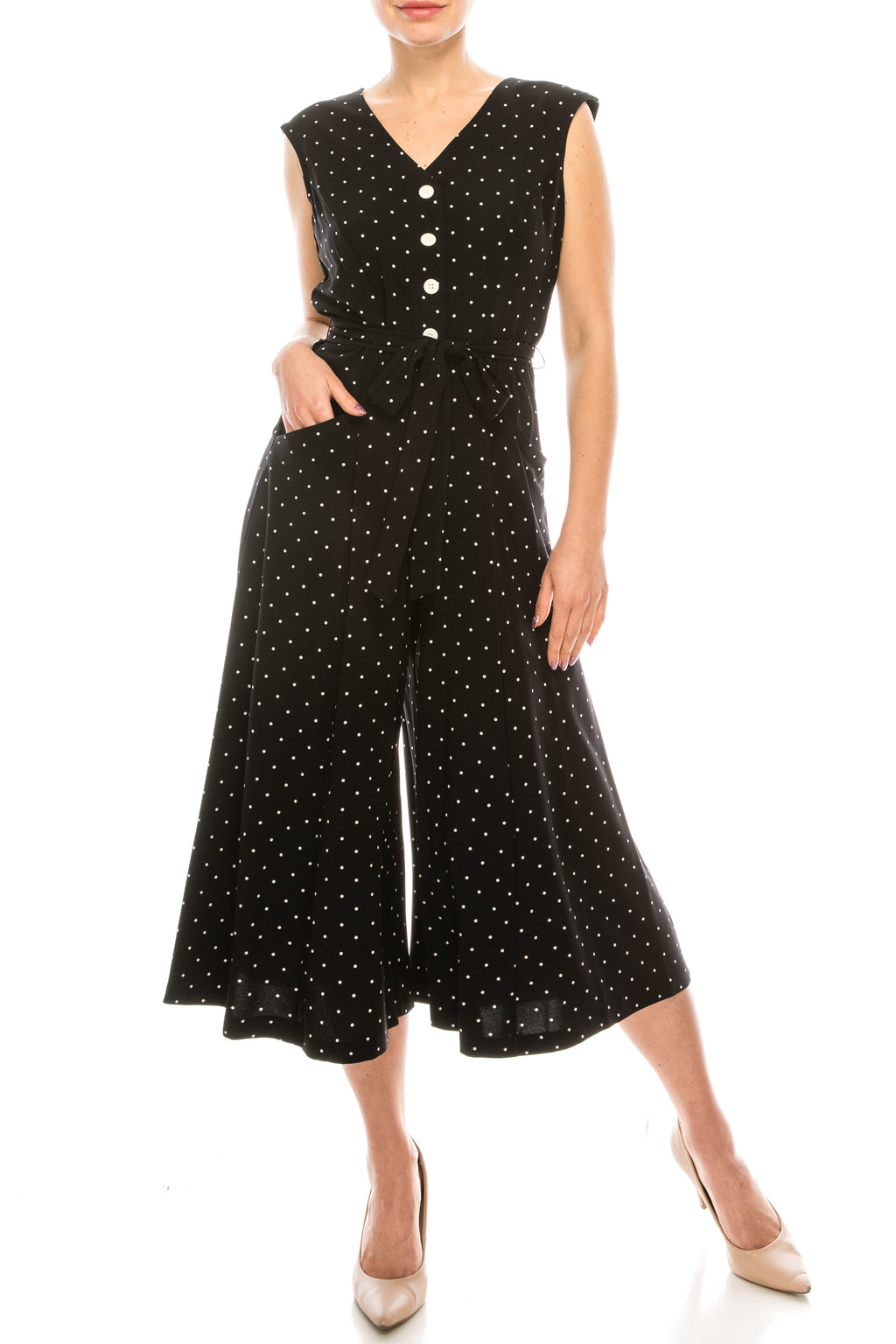 Gabby Skye Black Ivory Polka Dotted Wide Leg Jumpsuit