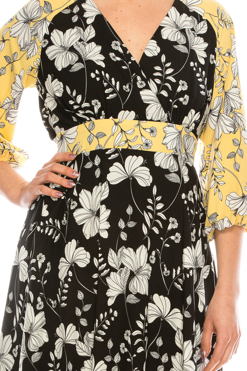 Gabby Skye Lemon Black Floral Printed Midi Circle Skirt Dress