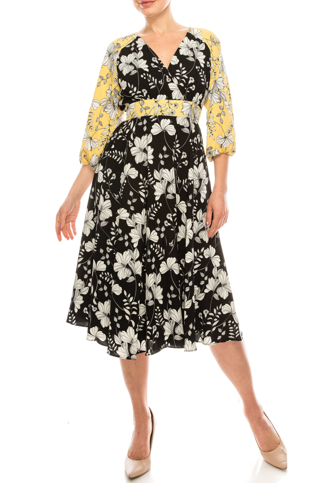 Gabby Skye Lemon Black Floral Printed Midi Circle Skirt Dress