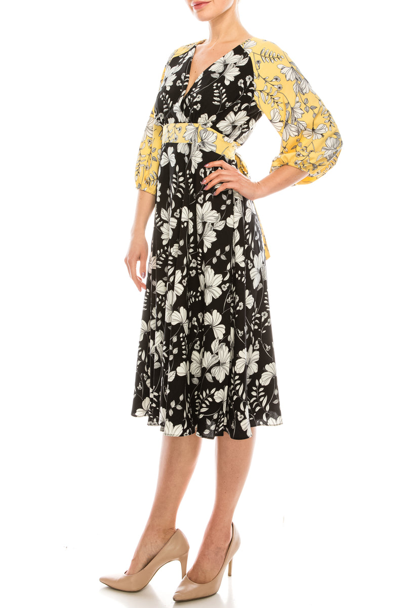 Gabby Skye Lemon Black Floral Printed Midi Circle Skirt Dress