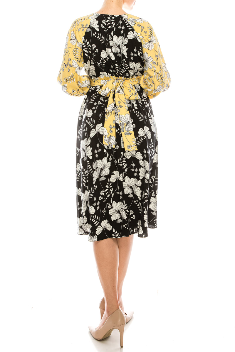Gabby Skye Lemon Black Floral Printed Midi Circle Skirt Dress