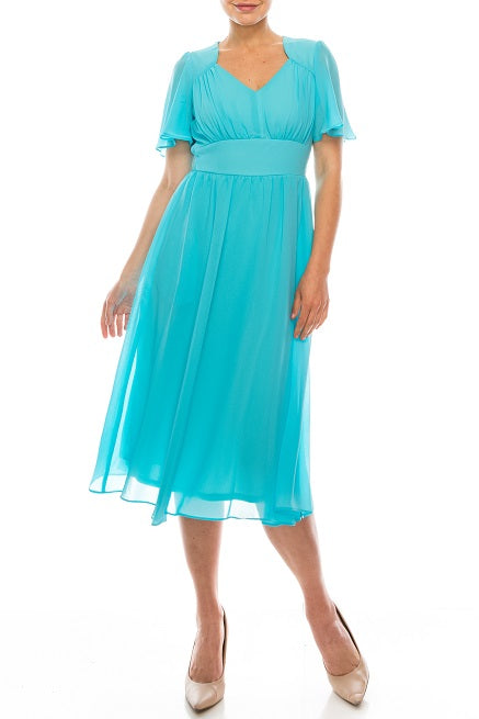 Gabby Skye Turquoise Short Flutter Sleeve A-Line Dress