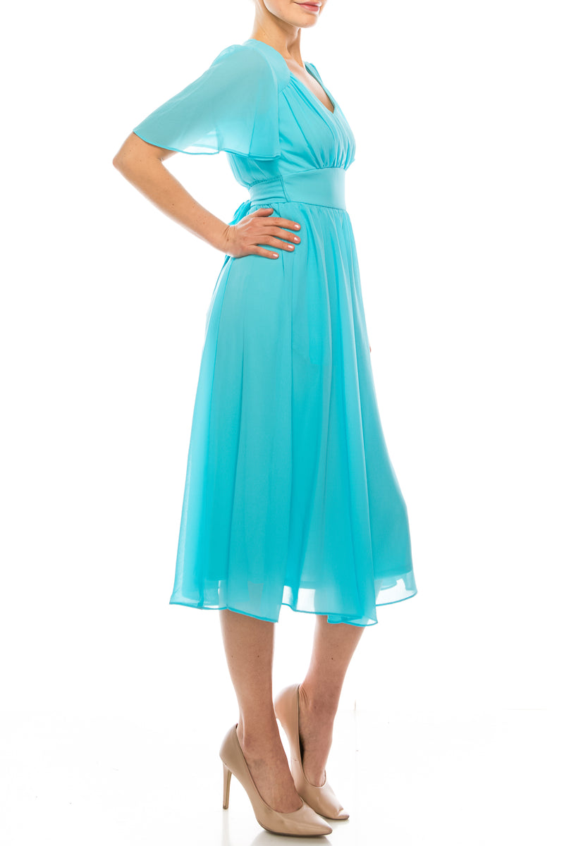 Gabby Skye Turquoise Short Flutter Sleeve A-Line Dress