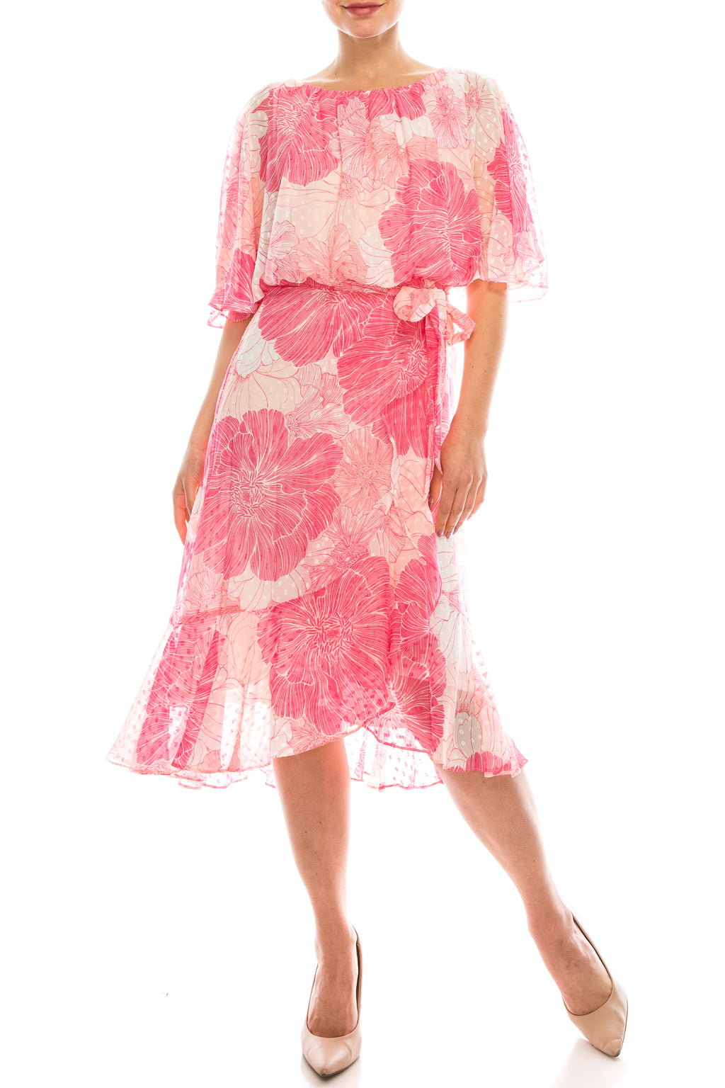 Gabby Skye Blush Pink Floral Printed Swiss Dot Dress
