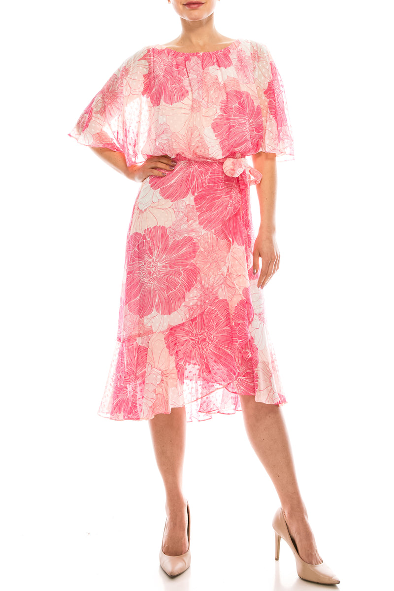 Gabby Skye Blush Pink Floral Printed Swiss Dot Dress