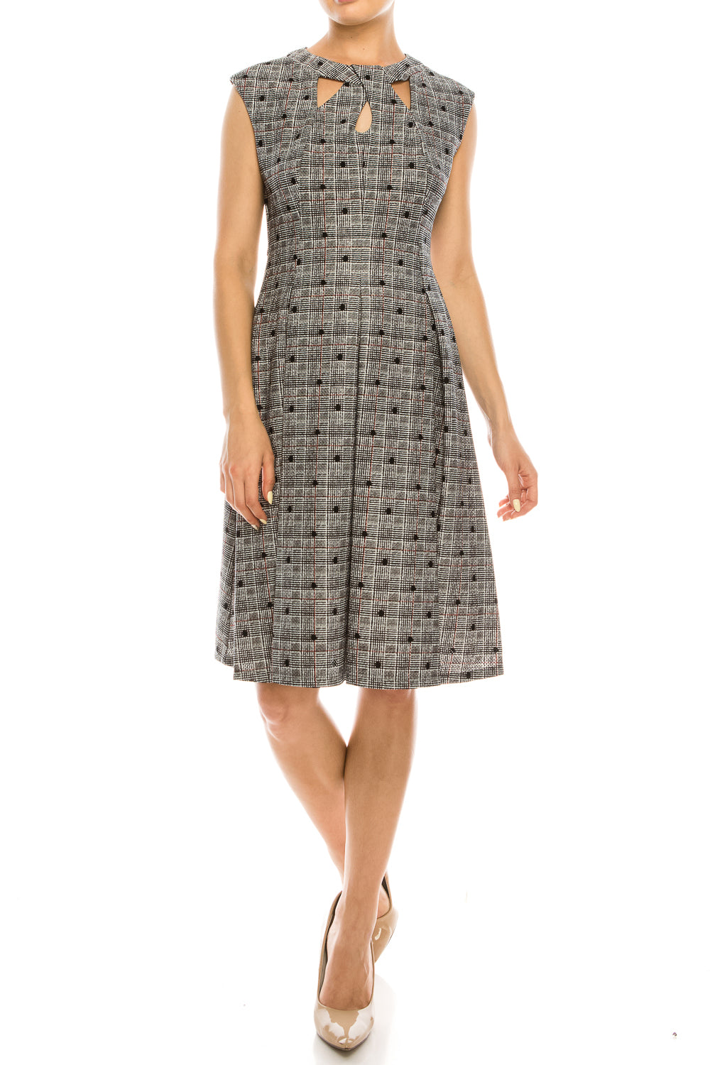 Gabby Skye Black White Red Polka Dotted Plaid Textured Dress