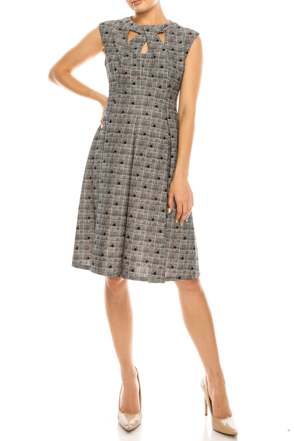 Gabby Skye Black White Red Polka Dotted Plaid Textured Dress
