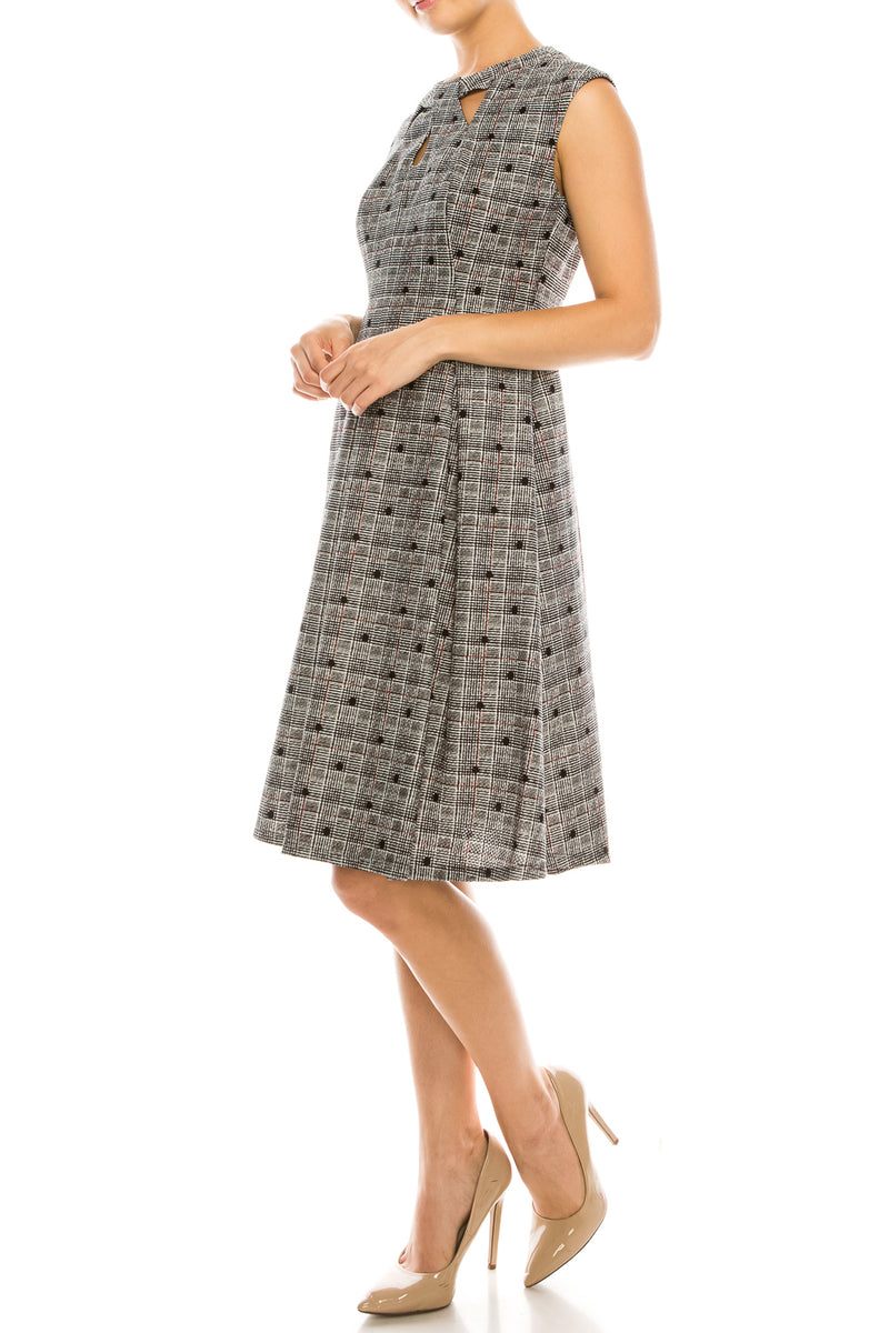 Gabby Skye Black White Red Polka Dotted Plaid Textured Dress
