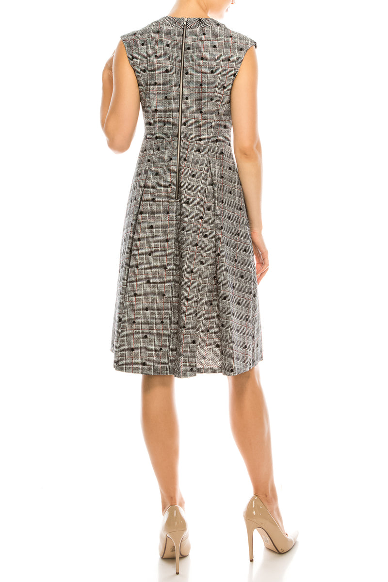 Gabby Skye Black White Red Polka Dotted Plaid Textured Dress