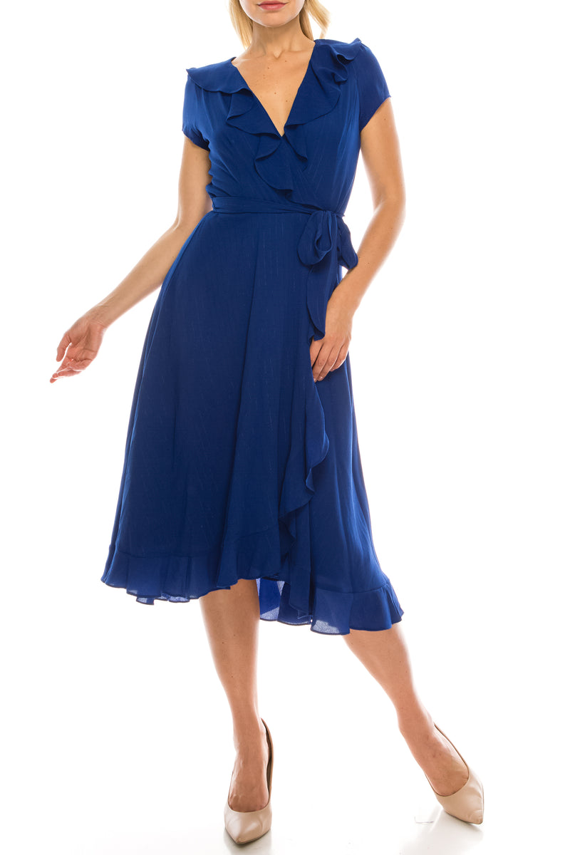 Gabby Skye Metallic Pinstriped Ruffled Midi Faux Wrap Dress (Additional Colors)
