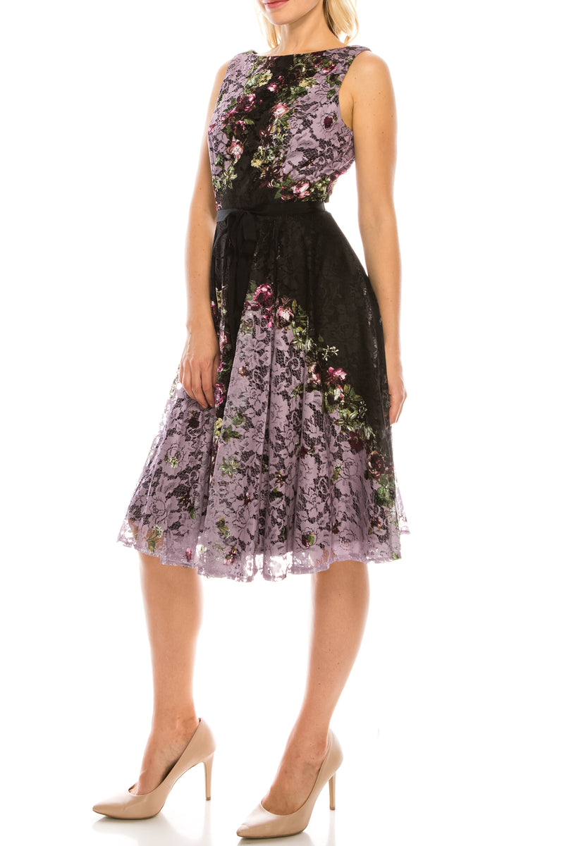 Gabby Skye Lace Floral Printed Circle Skirt Dress (Additional Colors)
