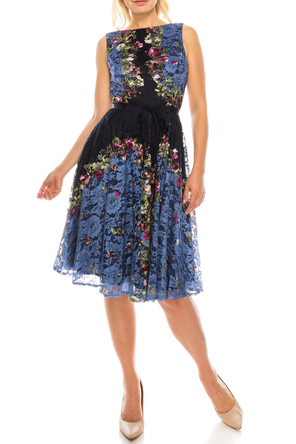 Gabby Skye Lace Floral Printed Circle Skirt Dress (Additional Colors)