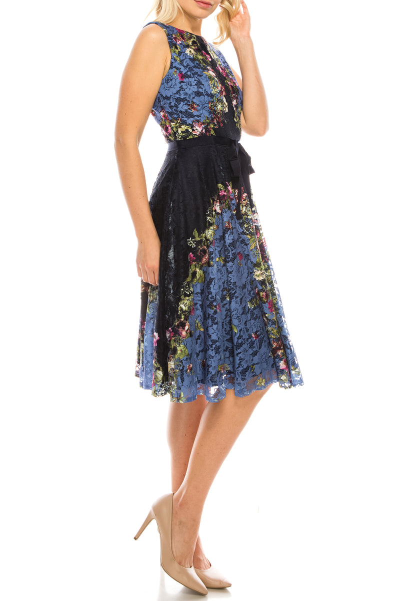 Gabby Skye Lace Floral Printed Circle Skirt Dress (Additional Colors)