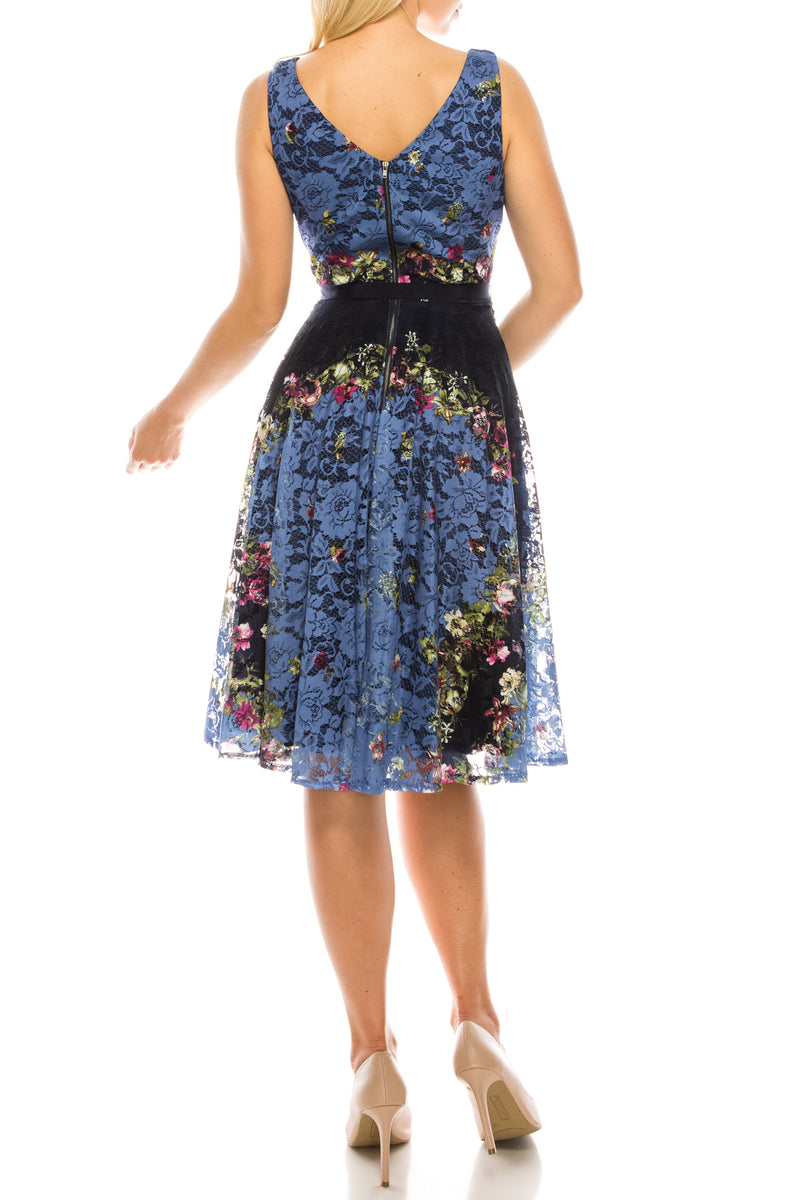 Gabby Skye Lace Floral Printed Circle Skirt Dress (Additional Colors)